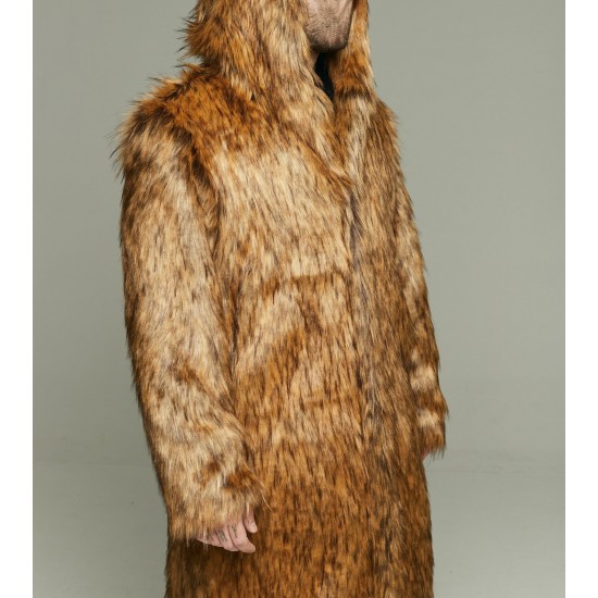 Men's Long Fox Faux Fur Coat with Oversized Hood