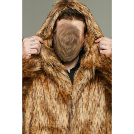 Men's Long Fox Faux Fur Coat with Oversized Hood