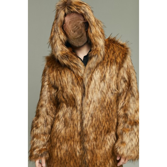 Men's Long Fox Faux Fur Coat with Oversized Hood