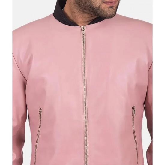 Men’s Pink Leather Bomber Jacket