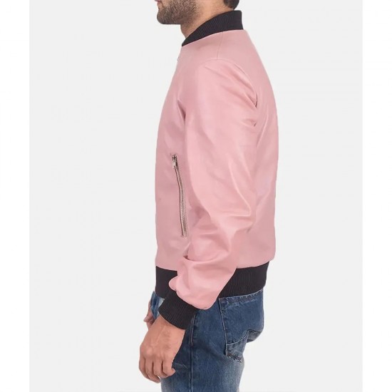 Men’s Pink Leather Bomber Jacket