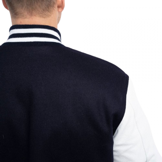 Navy Blue Wool Body & Bright White Leather Sleeves Letterman Jacket