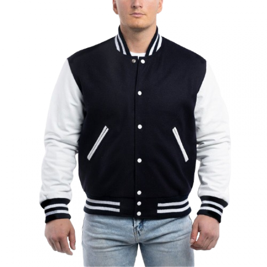 Navy Blue Wool Body & Bright White Leather Sleeves Letterman Jacket