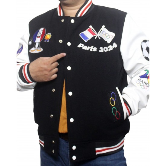 Paris 2024 France Olympics Black Wool White Leather Varsity Jacket