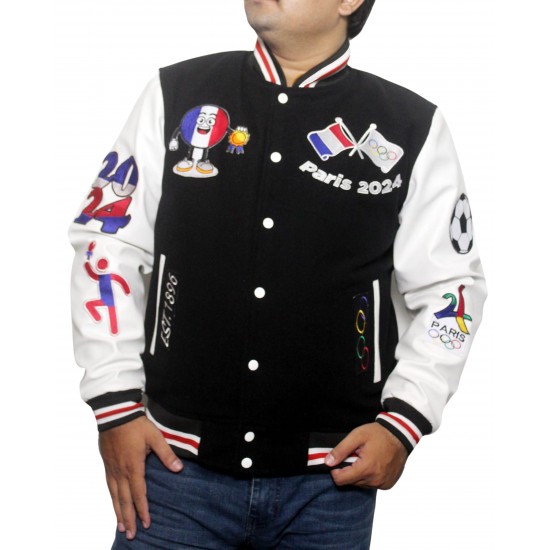 Paris 2024 France Olympics Black Wool White Leather Varsity Jacket