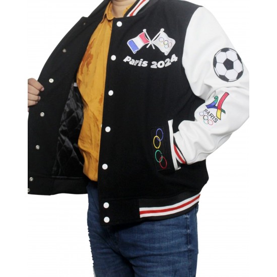 Paris 2024 France Olympics Black Wool White Leather Varsity Jacket