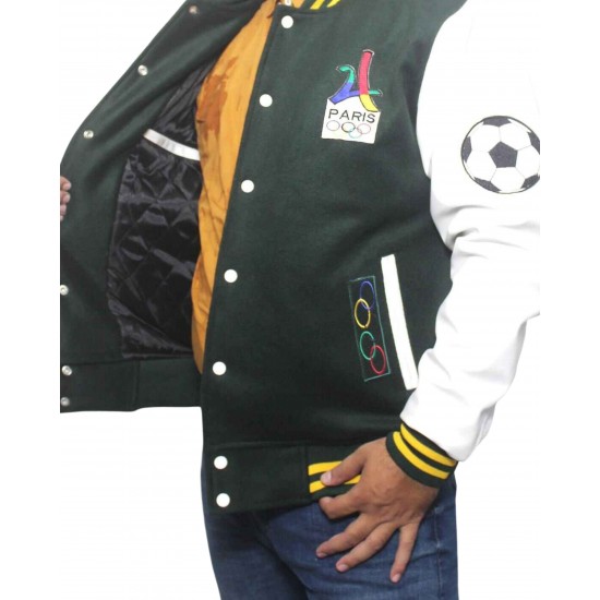 Paris 2024 France Olympics Green Wool White Leather Varsity Jacket