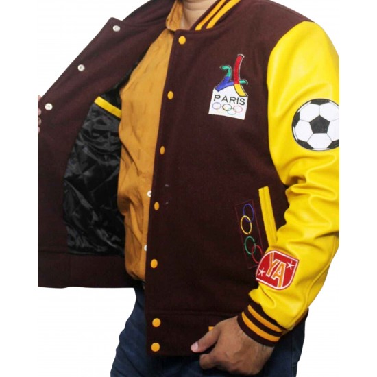 Paris 2024 France Olympics Maroon Wool and Leather Sleeves Varsity Jacket