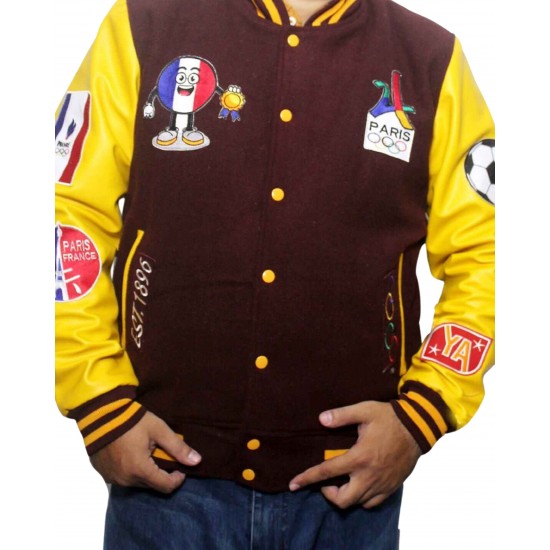 Paris 2024 France Olympics Maroon Wool and Leather Sleeves Varsity Jacket