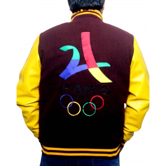 Paris 2024 France Olympics Maroon Wool and Leather Sleeves Varsity Jacket