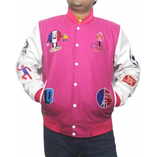 Paris 2024 France Olympics Pink Wool White Leather Varsity jacket