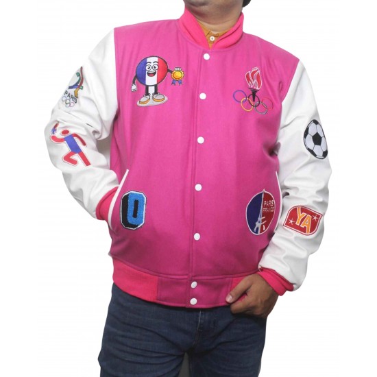 Paris 2024 France Olympics Pink Wool White Leather Varsity jacket