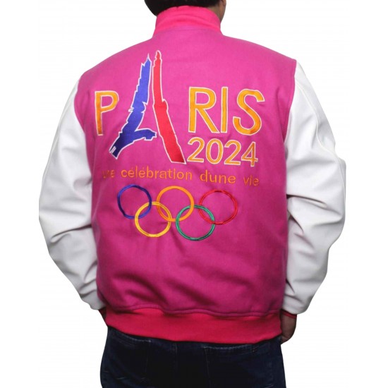 Paris 2024 France Olympics Pink Wool White Leather Varsity jacket