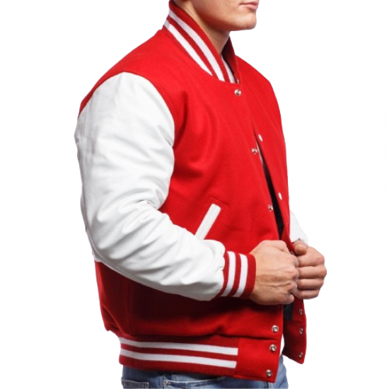 Red Wool and White Leather Varsity Letterman Jacket