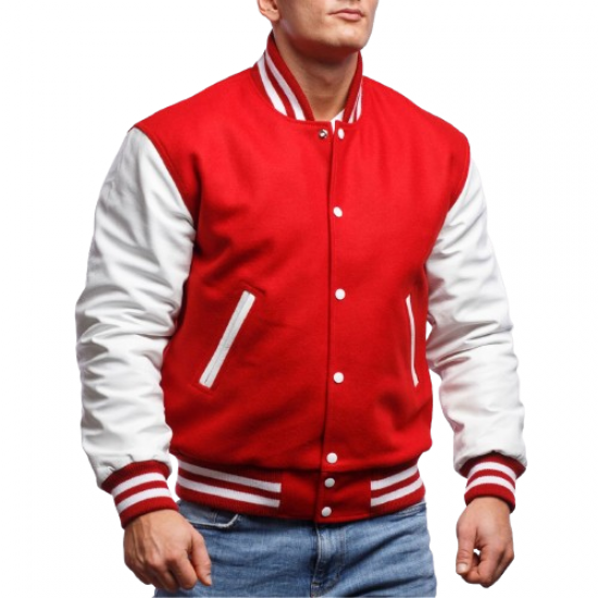 Red Wool and White Leather Varsity Letterman Jacket