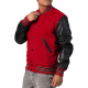 Scarlet Red Body & Black Sleeves Letterman Jacket With Feathered Knit Trim