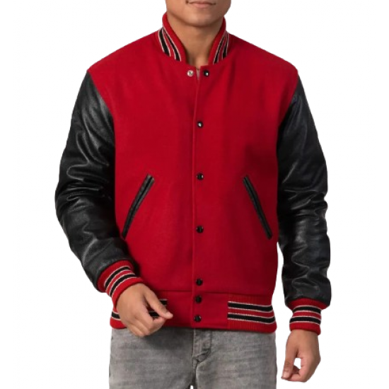 Scarlet Red Body & Black Sleeves Letterman Jacket With Feathered Knit Trim