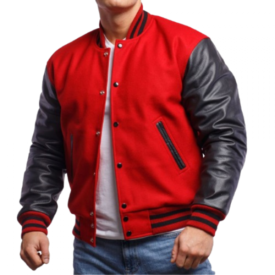 Scarlet Red Wool & Black Leather Varsity Letterman Jacket