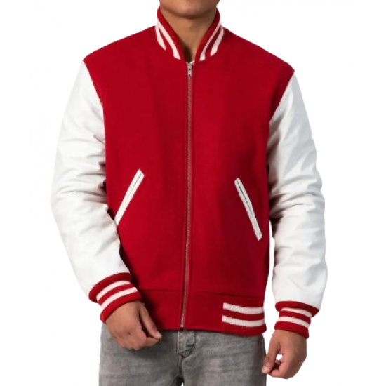 Scarlet Wool Body & White Leather Sleeves Letterman Jacket With Zipper