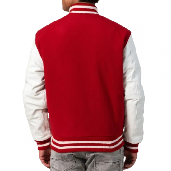 Scarlet Wool Body & White Leather Sleeves Letterman Jacket With Zipper