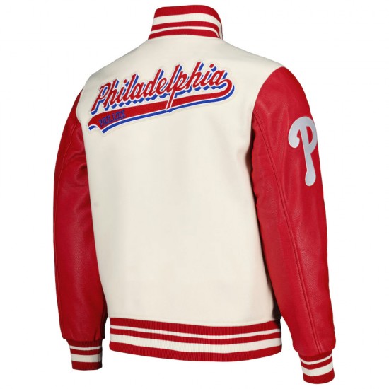 Script Tail Philadelphia Phillies Cream and Red Varsity Jacket