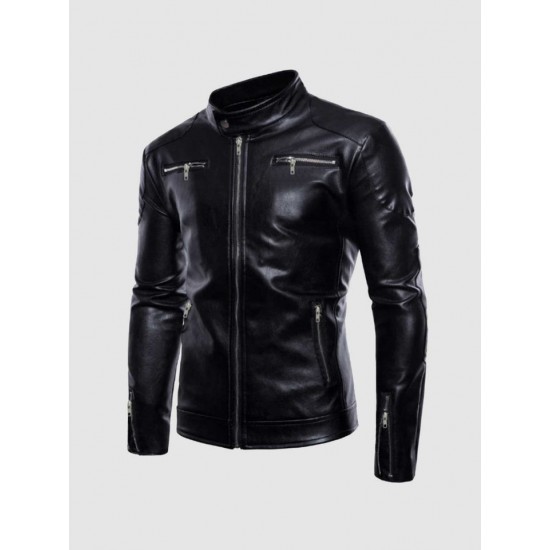 Stand Collar Leather Jacket