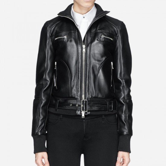 Women's Raven Black Leather Bomber Jacket